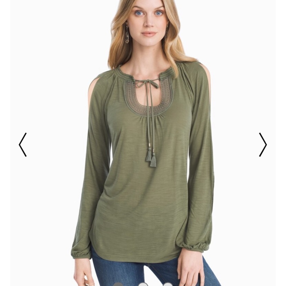 WHBM Olive Crochet Slit Sleeve Cold Shoulder Top L